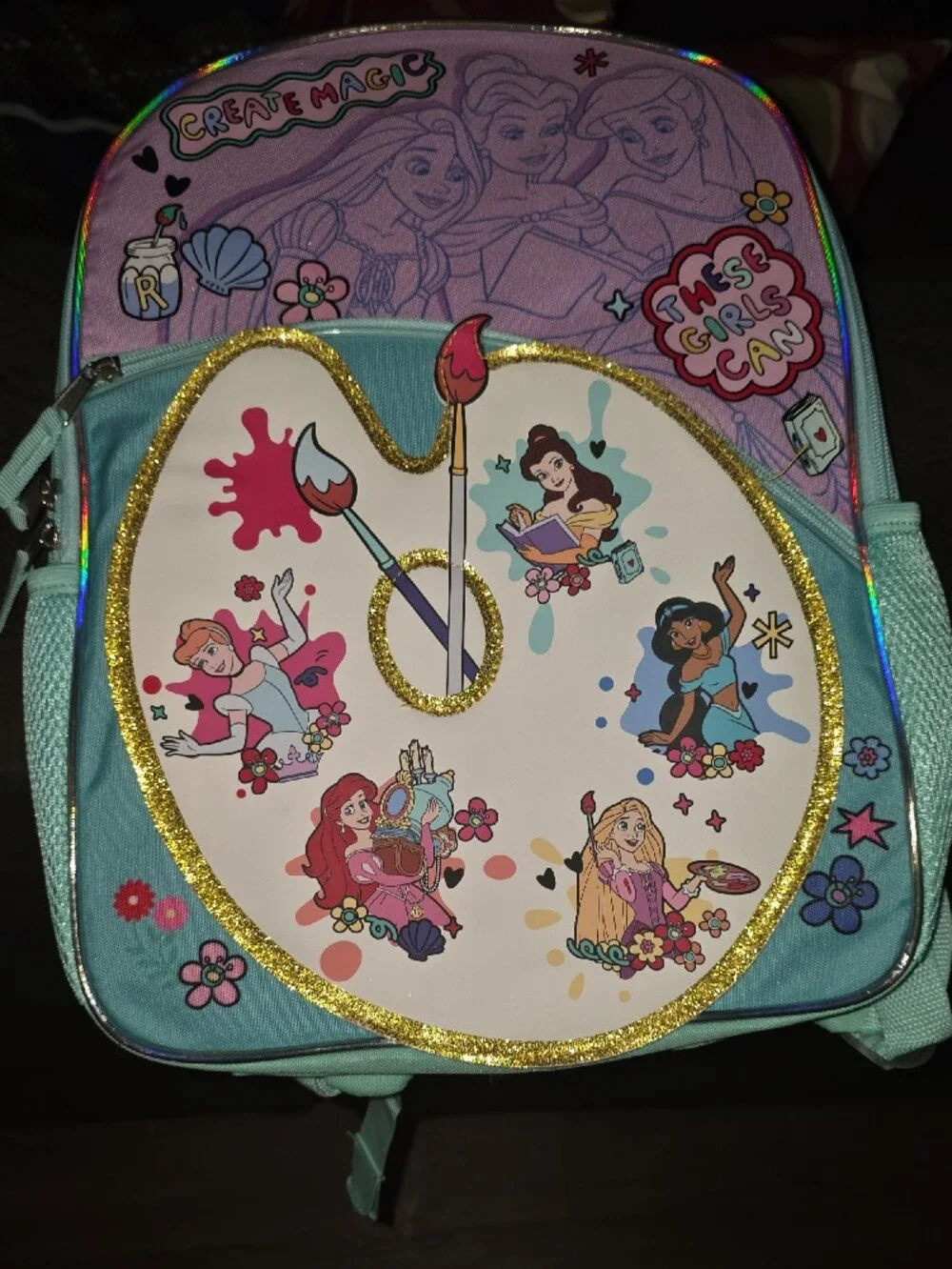 Disney Kids Backpack in Light Blue & Purple with Princess Art Palette